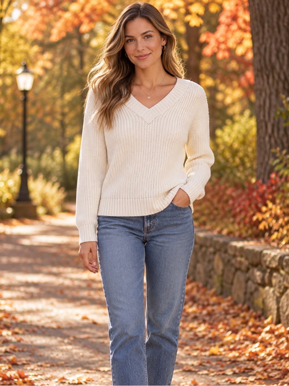 Lands’ End Drifter Women’s M 10-12 Ivory Cotton V Neck Rib Knit Coastal Sweater